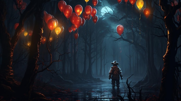 Clown with balloons in the forest at night halloween