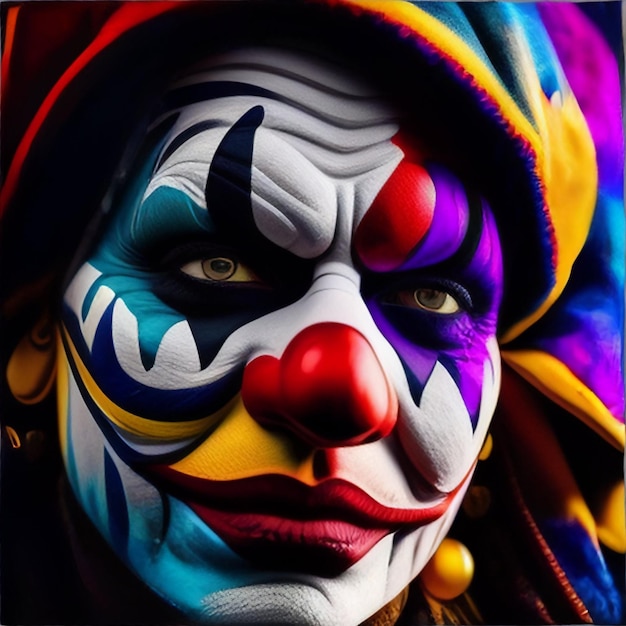 A clown with a colorful face and the word clown on it