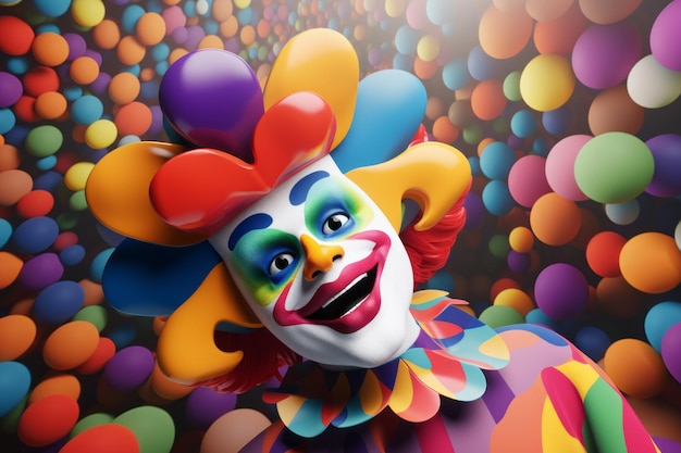 a clown with colorful hair and colorful clothes in the middle of a bunch of colorful balloons