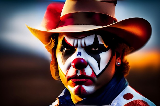 A clown with a cowboy hat and a hat