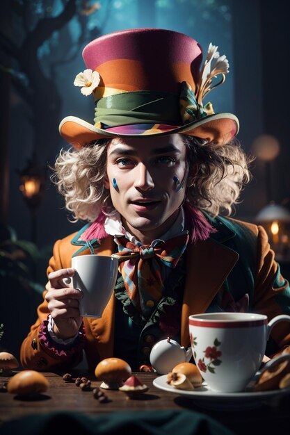 A clown with a cup of tea and a mug