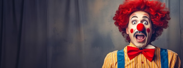 Foto un clown con un'espressione di stupore sul suo volto banner con spazio di copia