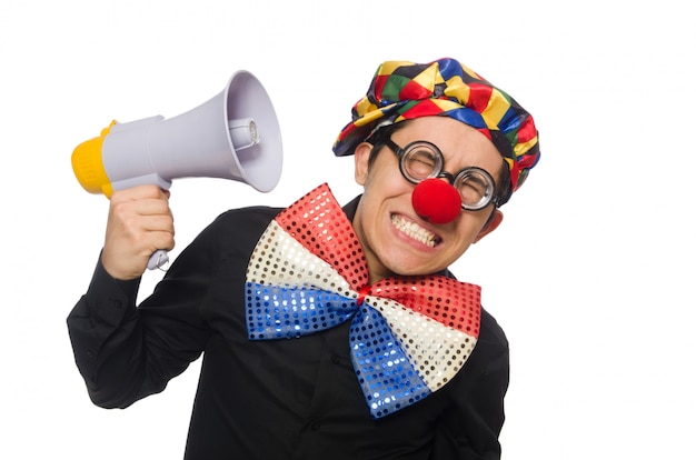 Clown with loudspeaker isolated on white