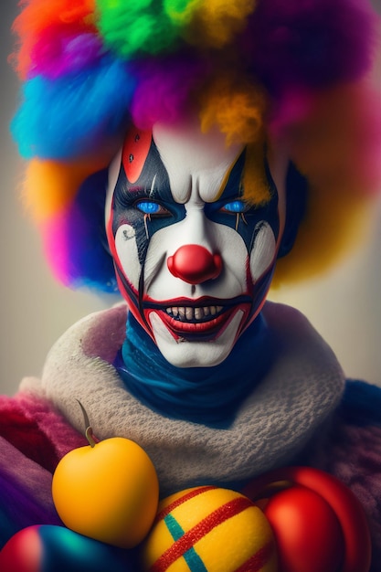 A clown with a painted face and a rainbow colored hair.