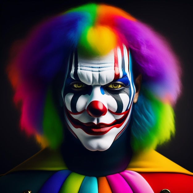 A clown with rainbow hair and a rainbow colored head.