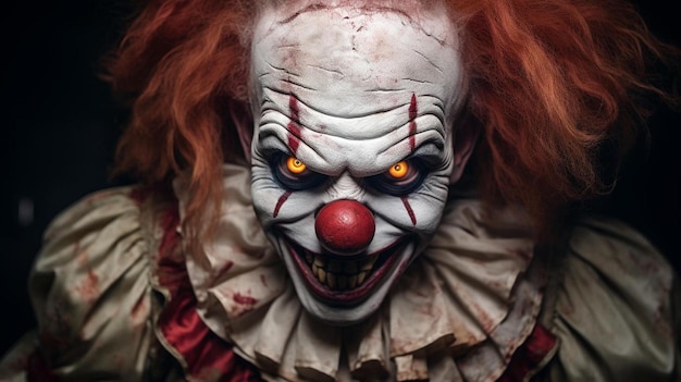 A clown with a red face and yellow eyes