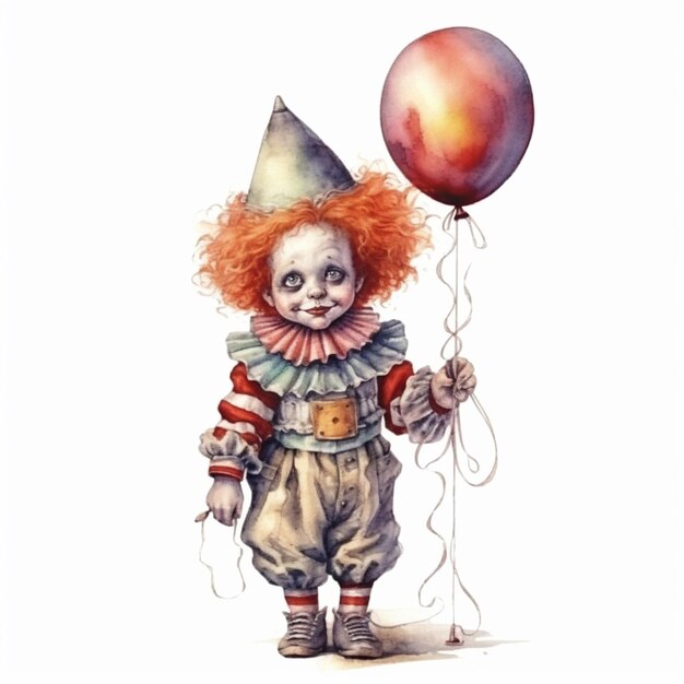 Фото Клоун с рыжими волосами и клоунской шляпой держит воздушный шар генеративный ай