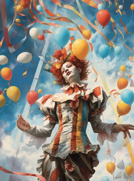 A clown with red hair and a striped shirt is standing in front of a blue sky with many balloons.