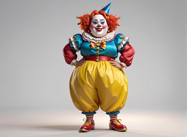 a clown in a yellow outfit and red hair