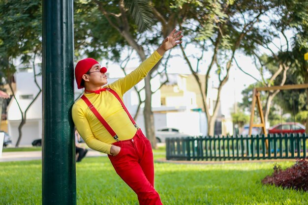 Clown zit galant op een paal in een park