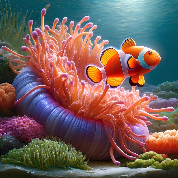 a clownfish and a beautiful sea anemone