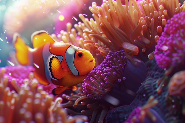 Клоун-рыба в красочных анемонах октановый рендер k U