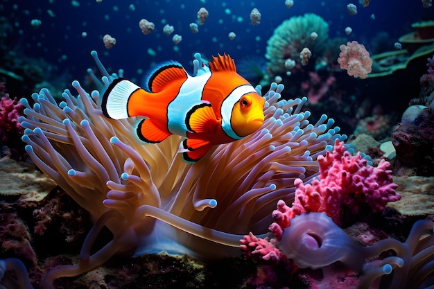 рыба-клоун Немо плавает среди щупалец анемона с другими видами рыб