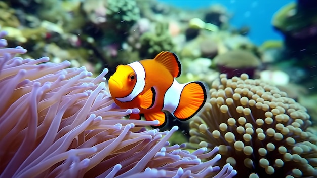海底のイソギンチャクやサンゴの間を泳ぐカクレクマノミ 海洋動物ときれいな海 生成ai