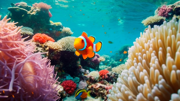 Clownfish Swimming Among the Vibrant Corals of a Tropical Reef Generative AI