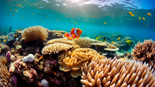 Clownfish Swimming Among the Vibrant Corals of a Tropical Reef Generative AI