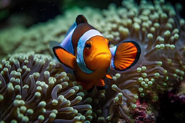 Clownfish swims above the animons on the ocean floor Generative AI