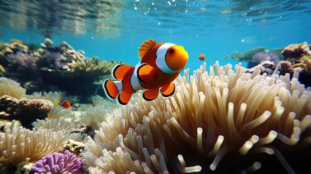 Clownfish vermaken te midden van anemonen splitview straalt met eiland met strand en palmen weelderige tropische
