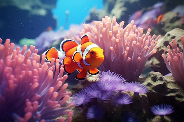 Clownvis zwemt in anemonen