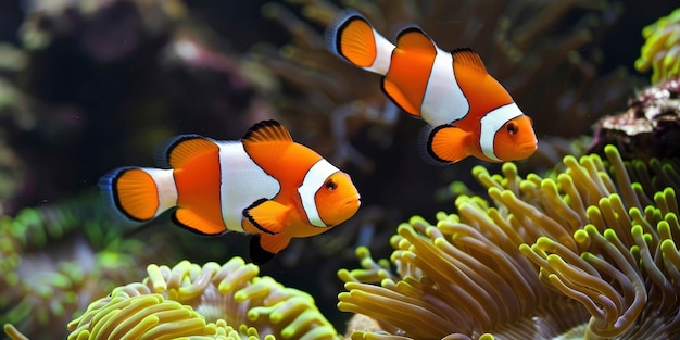 Clownvissen zwemmen langs de anemonen op het rif van de zee