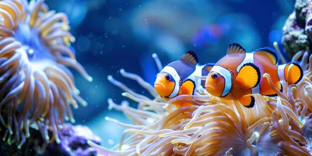 Clownvissen zwemmen langs de anemonen op het rif van de zee