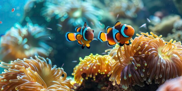 Clownvissen zwemmen langs de anemonen op het rif van de zee