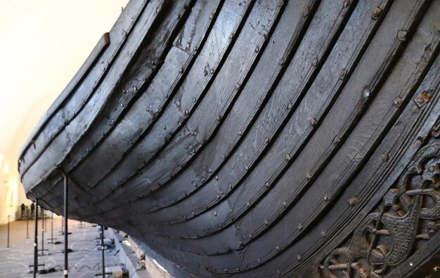 Clsoeup of a Viking ship at a museum in Oslo