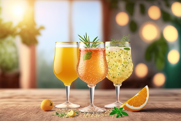 Cocktail club sul tavolo con luce bevande succose colorate in bicchieri ia generata