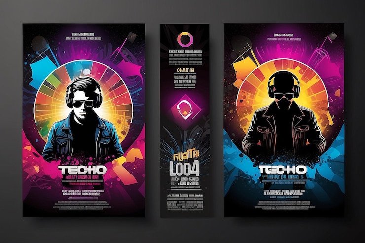 Фотография club disco flyer set с формой dj и красочным масштабируемым фоном