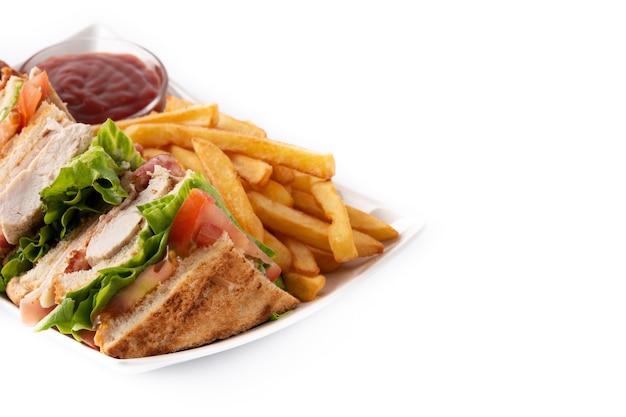 Club sandwich and French fries isolated