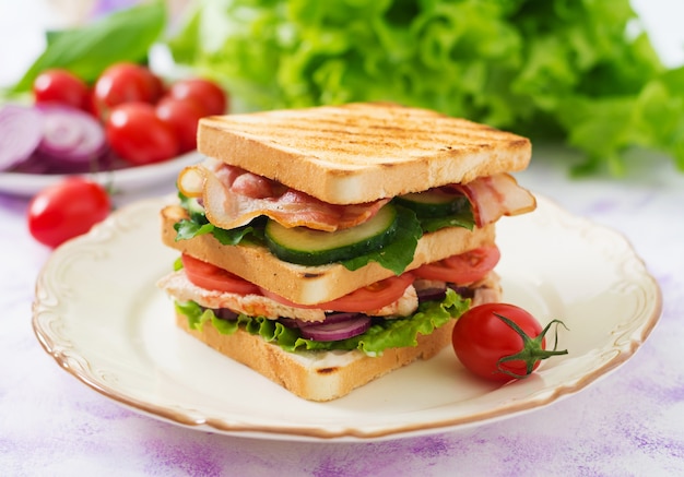 Club sandwich with chicken breast, bacon, tomato, cucumber and herbs