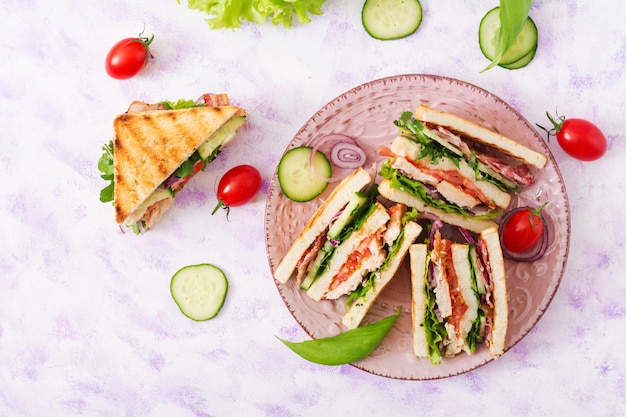 Club sandwich with chicken breast, bacon, tomato, cucumber and herbs