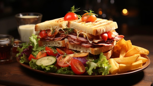 Club sandwich with ham cheese tomato salad and chips on wooden table