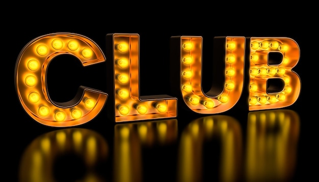 Photo club signboard from golden light bulb letters retro glowing font 3d rendering