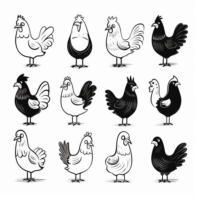 Clucking Fun A Playful Collection of Cartoon Chickens in Silly Black and White Line Art