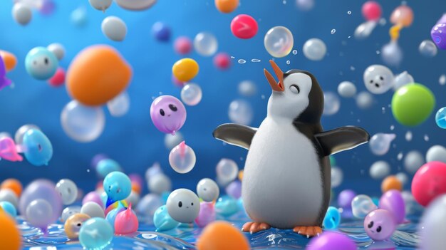 Photo a clumsy penguin juggling a bunch of colorful jellybeans trying hard not to let any of them slip and