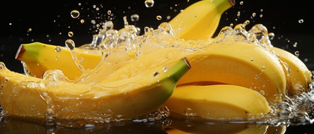 Cluster of bananas surrounded by bouncing water droplets