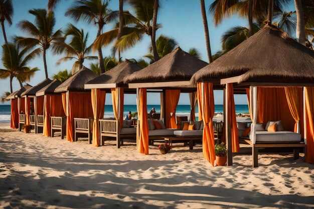 A cluster of beachside cabanas each adorned with vibrant curtains and pillows providing cozy retrea