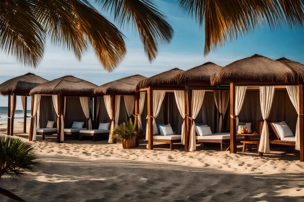 A cluster of beachside cabanas each adorned with vibrant curtains and pillows providing cozy retrea