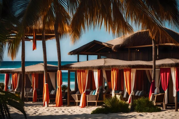 Photo a cluster of beachside cabanas each adorned with vibrant curtains and pillows providing cozy retrea