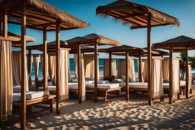 Photo a cluster of beachside cabanas each adorned with vibrant curtains and pillows providing cozy retrea