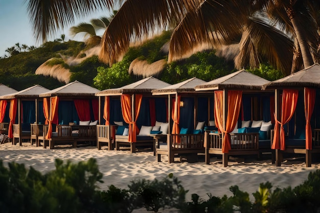 Photo a cluster of beachside cabanas each adorned with vibrant curtains and pillows providing cozy retrea