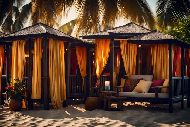 Photo a cluster of beachside cabanas each adorned with vibrant curtains and pillows providing cozy retrea