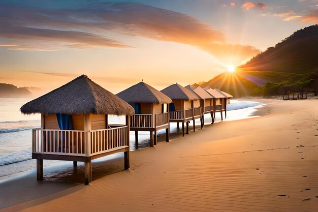 A cluster of beachside cabanas each adorned with vibrant curtains and pillows providing cozy