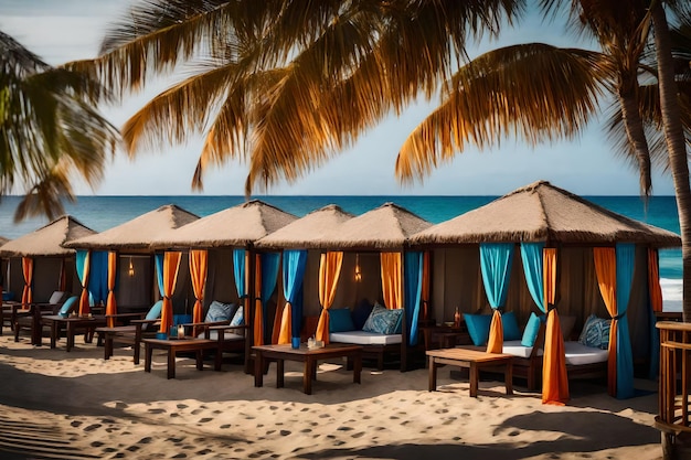 Photo a cluster of beachside cabanas each adorned with vibrant curtains and pillows providing