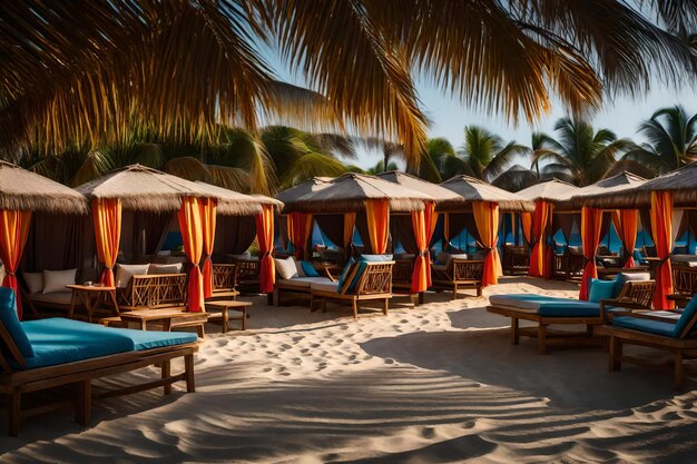 Photo a cluster of beachside cabanas each adorned with vibrant curtains and pillows providing