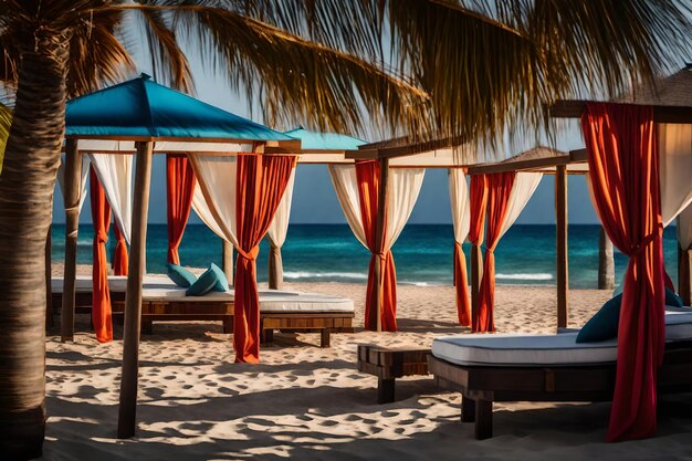 Photo a cluster of beachside cabanas each adorned with vibrant curtains and pillows