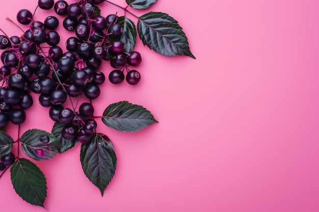 Cluster of Berries and Leaves on Pink Background