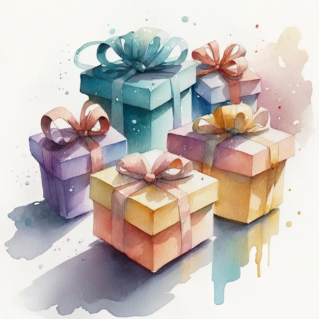 cluster of birthday gifts, watercolor