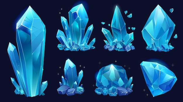 A cluster of blue crystals for a level rank design Cartoon RPG assets of a growing pile of diamond material rocks Modern illustration of mining treasures and jewels